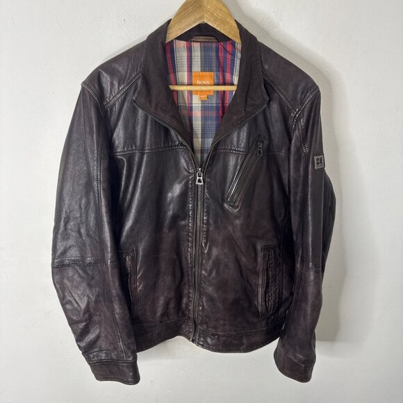 Hugo Boss Orange Men’s Lamb Leather Jacket Brown Size 38 Moto Plaid Lined Zip - Picture 1 of 12